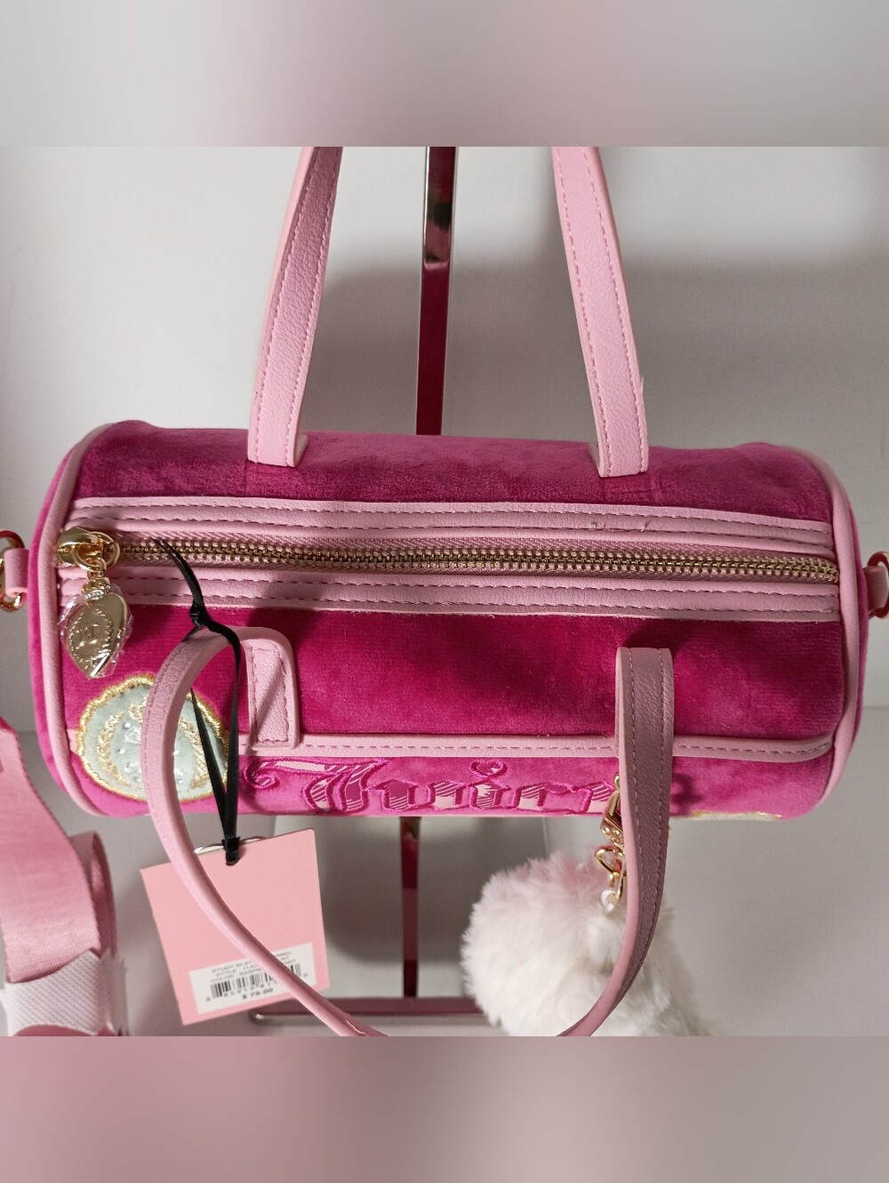 Juicy Couture Exclusive Raspberry/ Pink Velvet Barrel Bag with Fur Charm - Picture 10 of 12